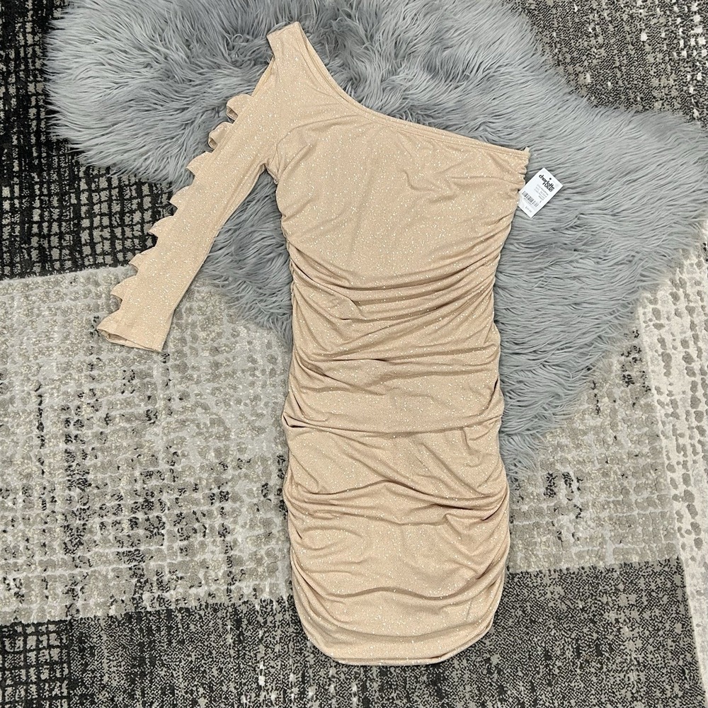 Charlotte Russe Women's Y2K Premiere Night Glittery‎ Tan Dress Size Large NWT